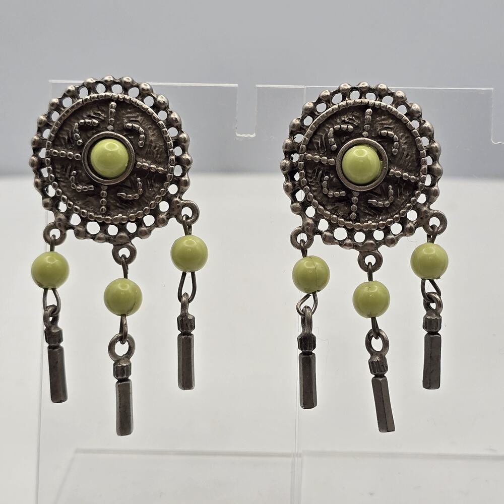 Charmante Silver Tone Green Dangle Earrings Boho Southwestern Native American